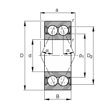 角接觸球軸承 3802-B-2RSR-TVH, 雙列，雙側(cè)唇密封，接觸角 α = 25°