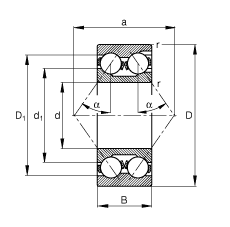 角接觸球軸承 3222-M, 根據(jù) DIN 628-3 標(biāo)準(zhǔn)的主要尺寸，雙列，帶填球槽，接觸角 α = 35°